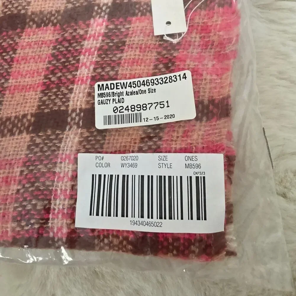 Madewell NEW Bright Azalea Pink Plaid Gauzy Wool Blend Fringe Scarf Wrap